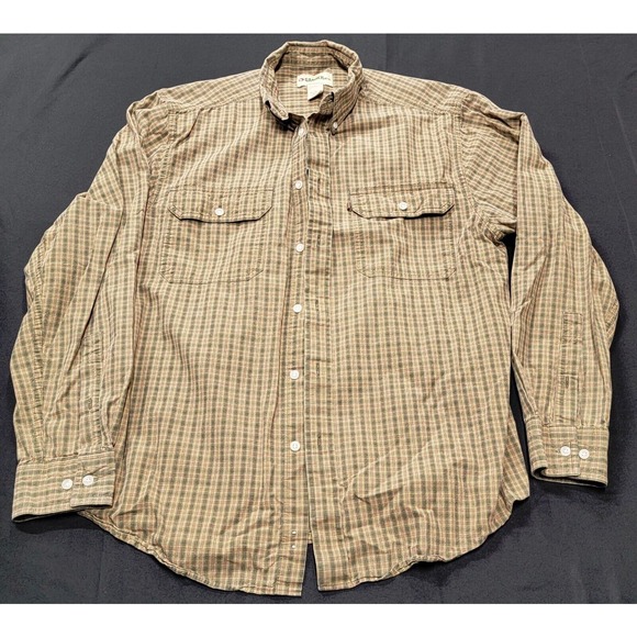 Gander Mnt Men L Green Beige Plaid Button Front Shirt L/S Pocket Cotton Quality - Picture 1 of 10